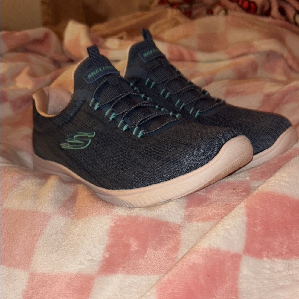 Skechers Navy Knit Slip-On Sneakers with Light Pink Soles